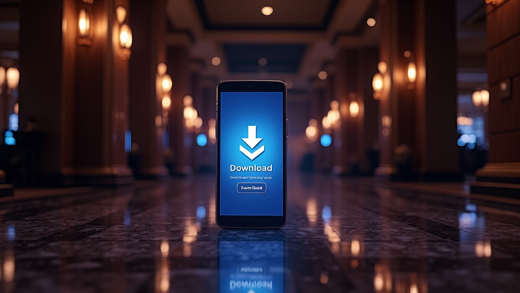 هاتف يعرض شاشة تحميل تطبيق كازينو داخل أجواء فاخرة ومظلمة